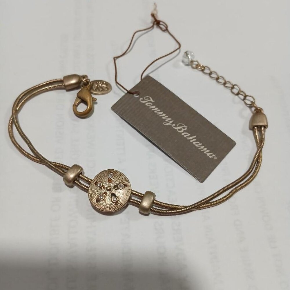 Tommy Bahama sand dollar bracelet antique gold signed double chain 7 - 9" New